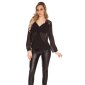 Elegante Damen Langarm Chiffon Bluse mit Häkelspitze Schwarz