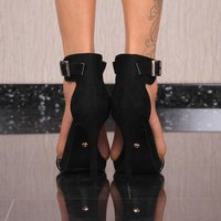 Sexy Velours Sandaletten mit Knöchel-Fesselriemchen Schwarz