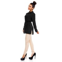 Lange Damen Tunika Bluse aus Chiffon mit Gürtel Schwarz