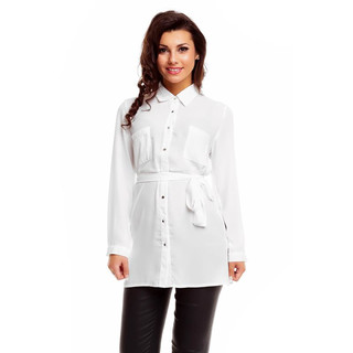 Lange Damen Tunika Bluse aus Chiffon mit Gürtel Weiß