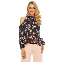 Ladies long-sleeved pleated blouse made of chiffon navy