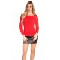 Leichter Damen Feinstrick Pullover mit Blumenstickerei Rot