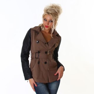 Ladies between-seasons jacket with faux leather sleeves brown