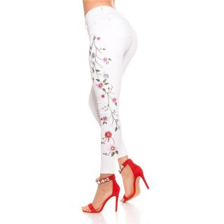 Skinny Damen Stretch-Röhrenjeans mit Blumenstickerei Weiß