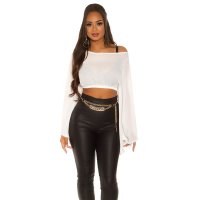 Sexy Damen Latina Chiffon Crop Top bauchfrei Cremeweiß 38 (M)