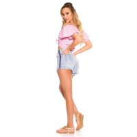 Sexy Damen Jeans Hotpants mit Fransen und Perlen Hellblau