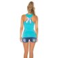 Sexy womens tanktop with cut-outs rivets + rhinestones turquoise