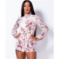 Short womens high neck playsuit with flowers summer pink