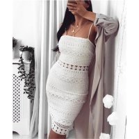 Knee-length strap bodycon dress lace creme-white