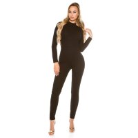 Damen Langarm Overall Catsuit mit Cut Out Rücken Schwarz