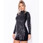 Exklusives Glamour Langarm Minikleid mit Stehkragen Schwarz