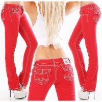 Trendy womens low-rise jeans with contrast stitching red...