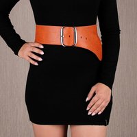 Trendy womens faux leather waist belt with big buckle camel