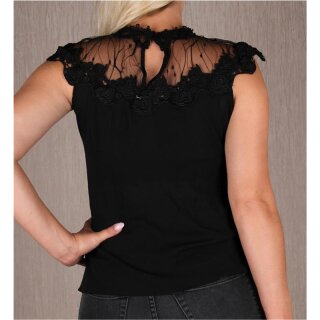 Edle Damen Kurzarm Chiffon Bluse mit Blumenmuster Tüll Schwarz