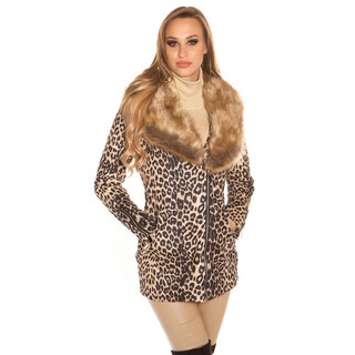 Noble womens short coat with animal print and fake fur leopard