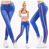 Skinny womens stretch drainpipe jeans with side stripes blue