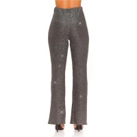 Glamour Damenhose mit weitem Bein und Glitzer Party Silber