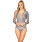 Damen Glamour Bodybluse mit Glitzer und V-Ausschnitt Silber