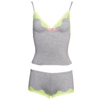 Sweet womens 2 pcs cami set top panty with lace grey-yellow