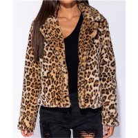 Womens oversize fake fur jacket animal print leopard brown UK 12 (M)