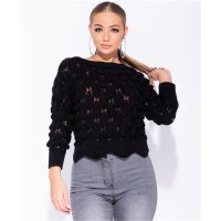 Knitted womens sweater pullover with scallop hem black...