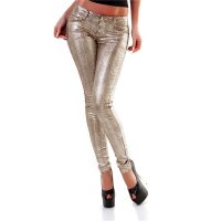 Damen Röhrenhose Metallic mit Animalprint Reptil-Look Gold