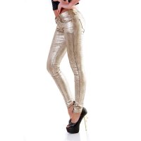 Damen Röhrenhose Metallic mit Animalprint Reptil-Look Gold 38 (M)