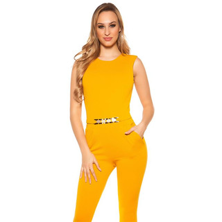 Elegant sleeveless overall jumpsuit with gold-coloured buckle mustard 