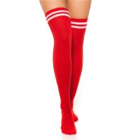Opaque womens overknee stockings with stripes red Onesize