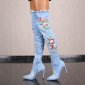 Sexy womens jeans overknee boots with flowers light blue