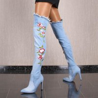 Sexy womens jeans overknee boots with flowers light blue UK 5