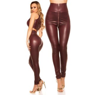 Sexy womens wet look high-waisted leggings with zipper wine-red