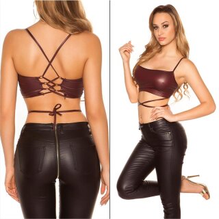 Bauchfreies Wetlook Damen Träger-Top mit Schnürung Bordeaux