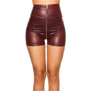 Womens high waist wet look shorts with zipper wine-red UK 10 (S)