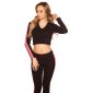 Damen Workout Hoodie + Hose Jogginganzug mit Streifen Schwarz/Pink Einheitsgröße (34,36,38)