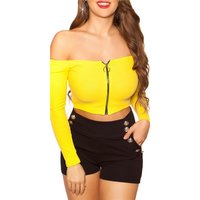 Sexy womens off-the-shoulder crop shirt long-sleeved yellow