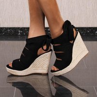 Womens velour platform sandals with bast wedge heel black