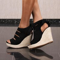 Womens velour platform sandals with bast wedge heel black