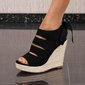 Damen Plateau Keilsandaletten mit Bastabsatz Wedges Schwarz