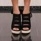 Damen Plateau Keilsandaletten mit Bastabsatz Wedges Schwarz