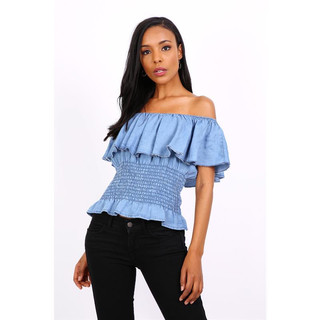 Sexy womens Latina style top with flounce light blue