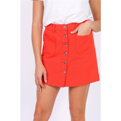 Skinny womens jeans skirt with button front coral
