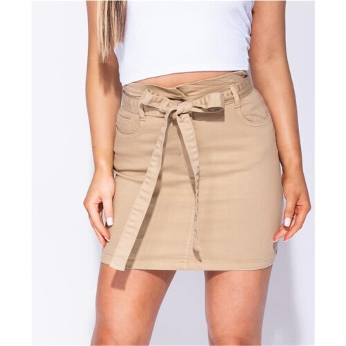 Trendy womens paperbag skirt jeans miniskirt with belt beige