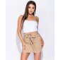 Trendy womens paperbag skirt jeans miniskirt with belt beige