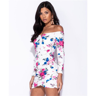 Schulterfreies Damen Bodycon Minikleid mit Blumen Weiß