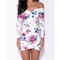 Schulterfreies Damen Bodycon Minikleid mit Blumen Weiß