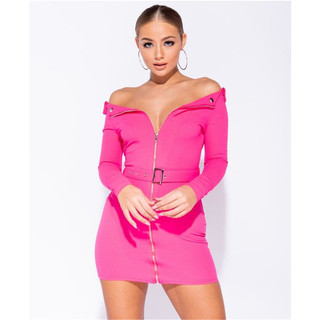 Sexy off-shoulder bodycon minidress with zip front fuchsia