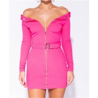 Sexy off-shoulder bodycon minidress with zip front fuchsia