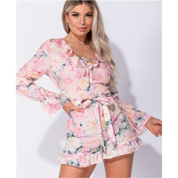 Short womens jumpsuit summer playsuit with flowers pink