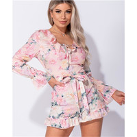 Kurzer Damen Overall Sommer Playsuit mit Blumen Rosa